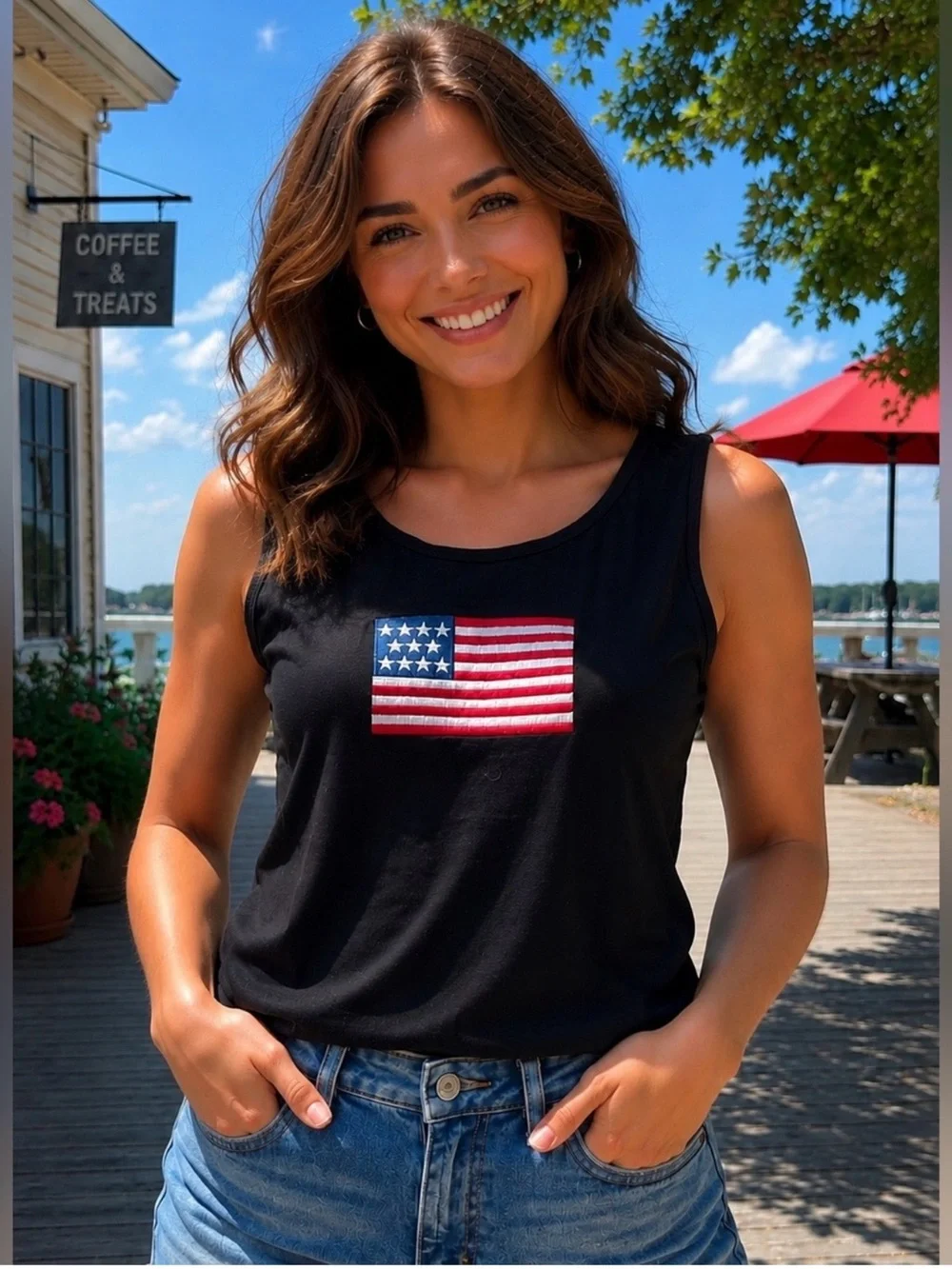 New Zenana Embroidered American Flag Patch Black Tank Top Patriotic Size L